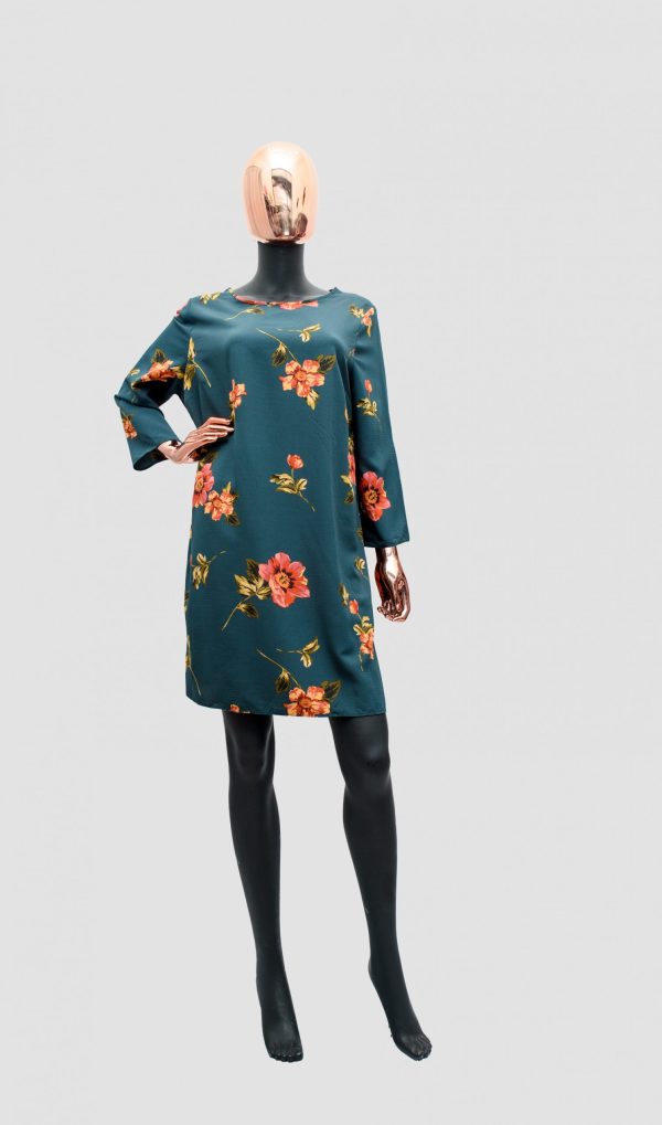 Women's Long Sleeved Green Floral Short Shift Dress Size 16UK