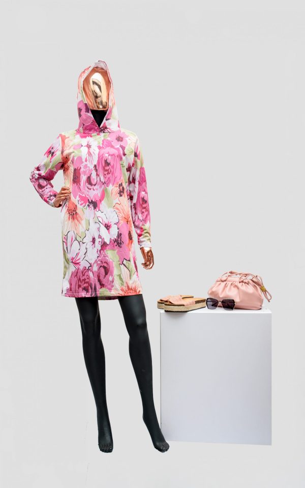 WOMEN'S CASUAL PINK FLORAL DRESS WITH A HOOD