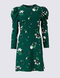 MS Long Sleeved Green Floral Dress in Size 14